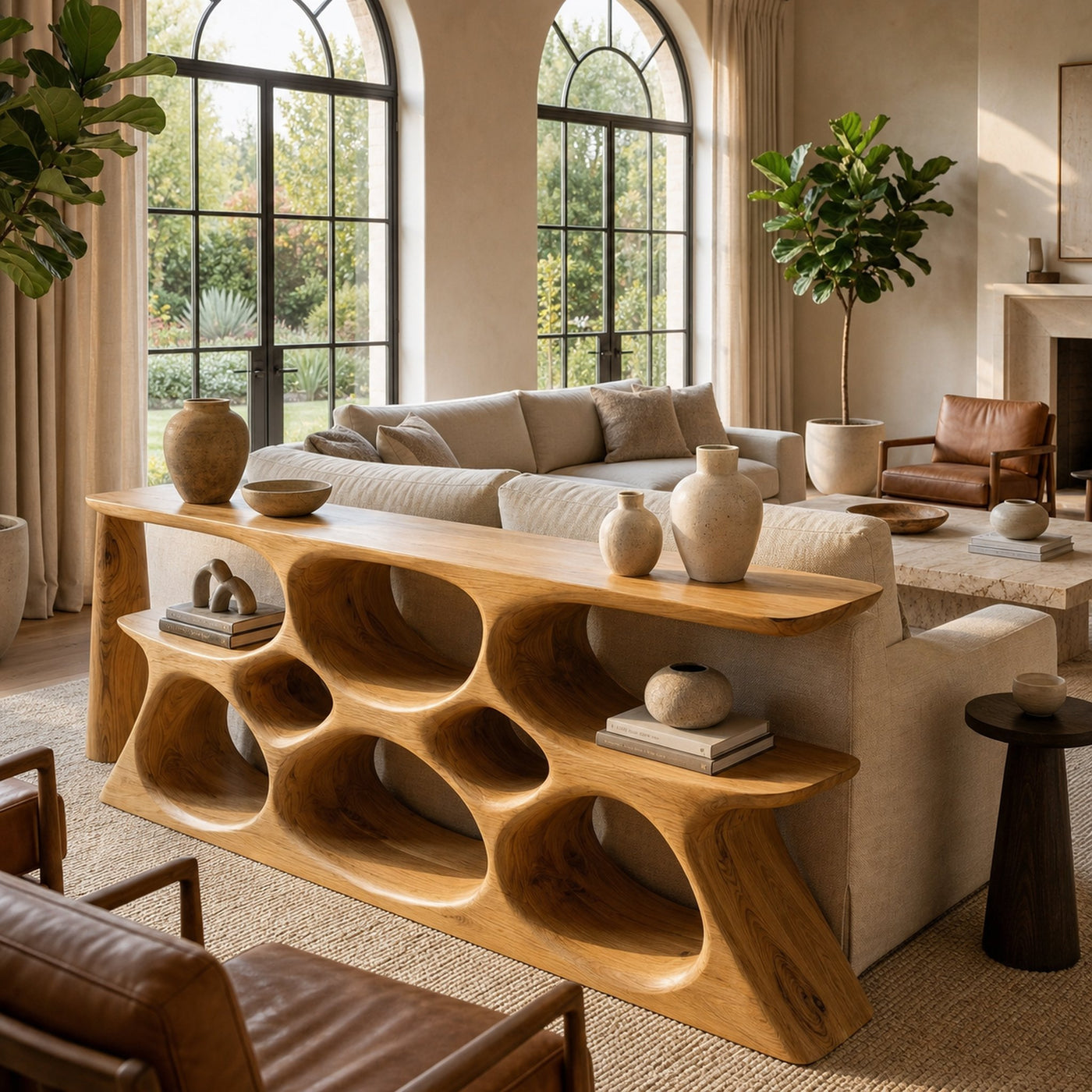 Elegant Wooden Console Table With Sculptural Shelves For Home Decor - product view 5