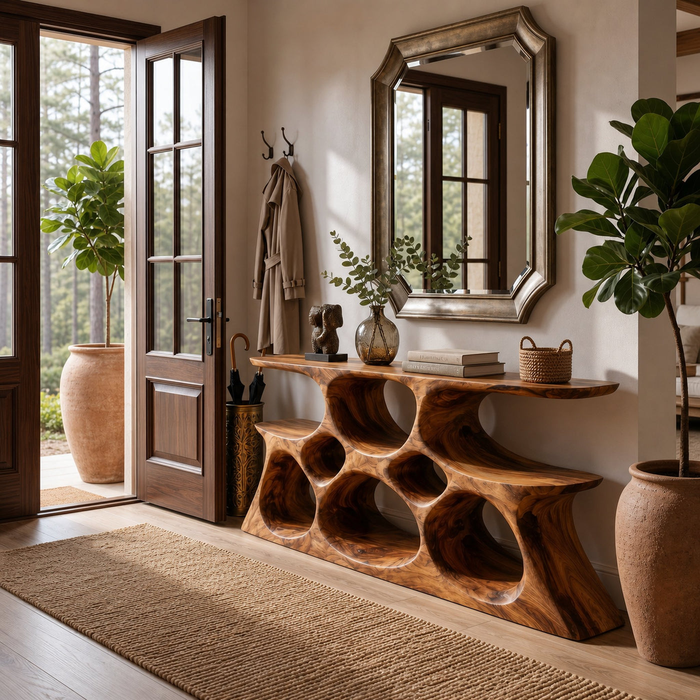 Elegant Wooden Console Table With Sculptural Shelves For Home Decor - product view 6
