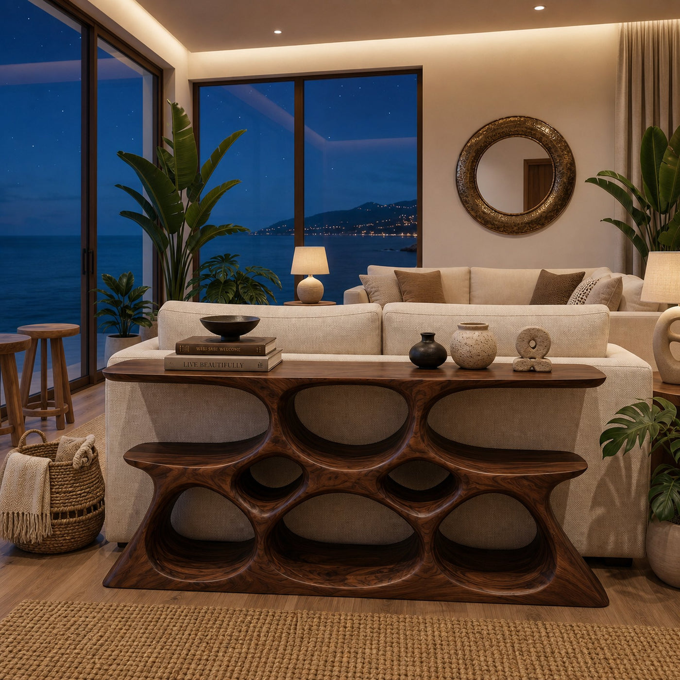 Elegant Wooden Console Table With Sculptural Shelves For Home Decor - product view 7