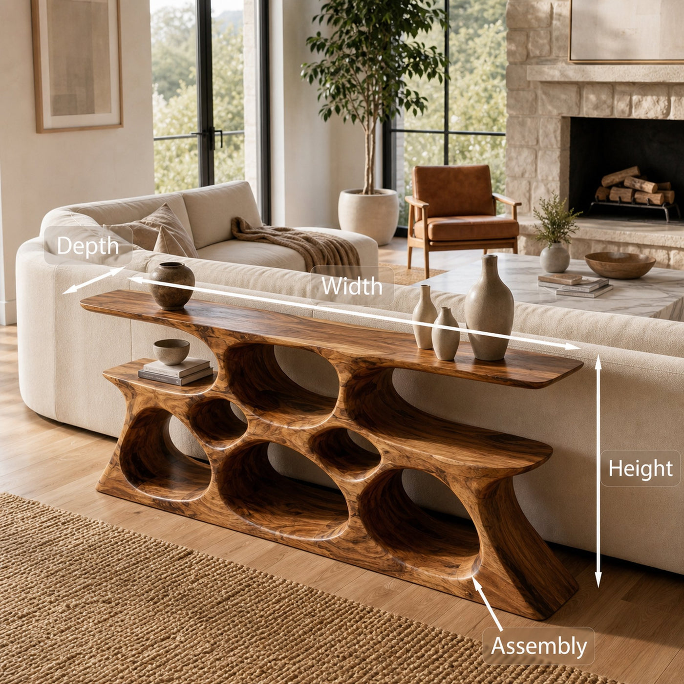 Elegant Wooden Console Table With Sculptural Shelves For Home Decor - product view 8