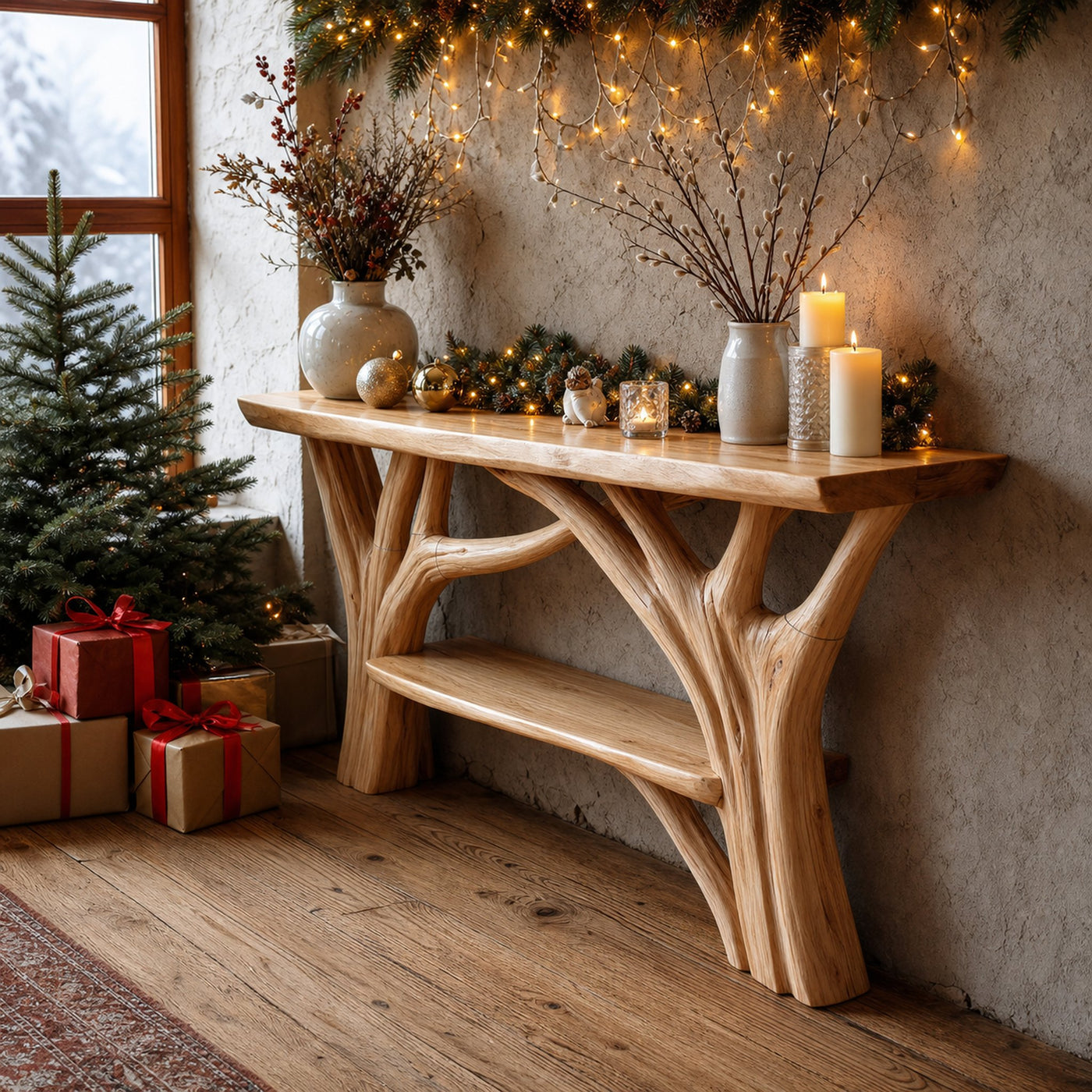 Farmhouse Solid Wood Console Table For Holiday Entryway Furniture Xmas