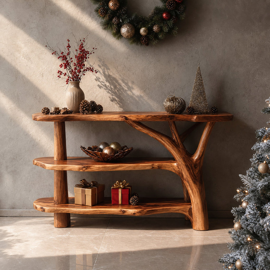 Farmhouse Wooden Live Edge Console Table For Holiday Living Room Decor
