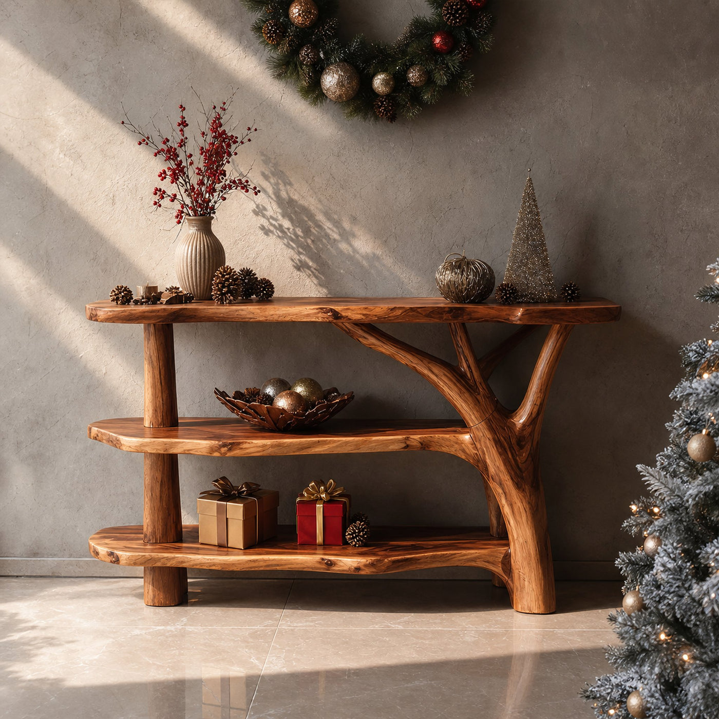 Farmhouse Wooden Live Edge Console Table For Holiday Living Room Decor