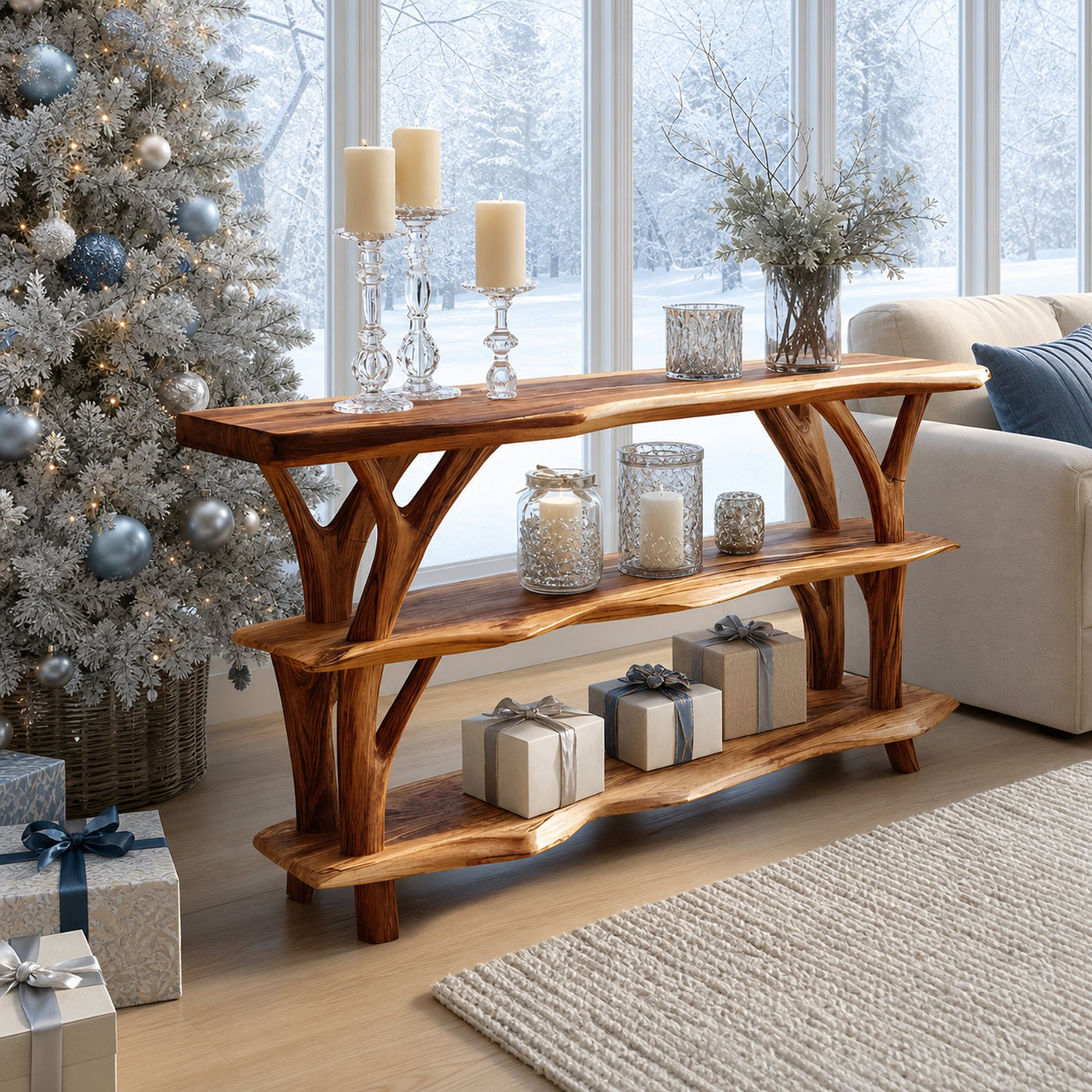 Farmhouse Wooden Live Edge Console Table For Living Room Christmas Accent