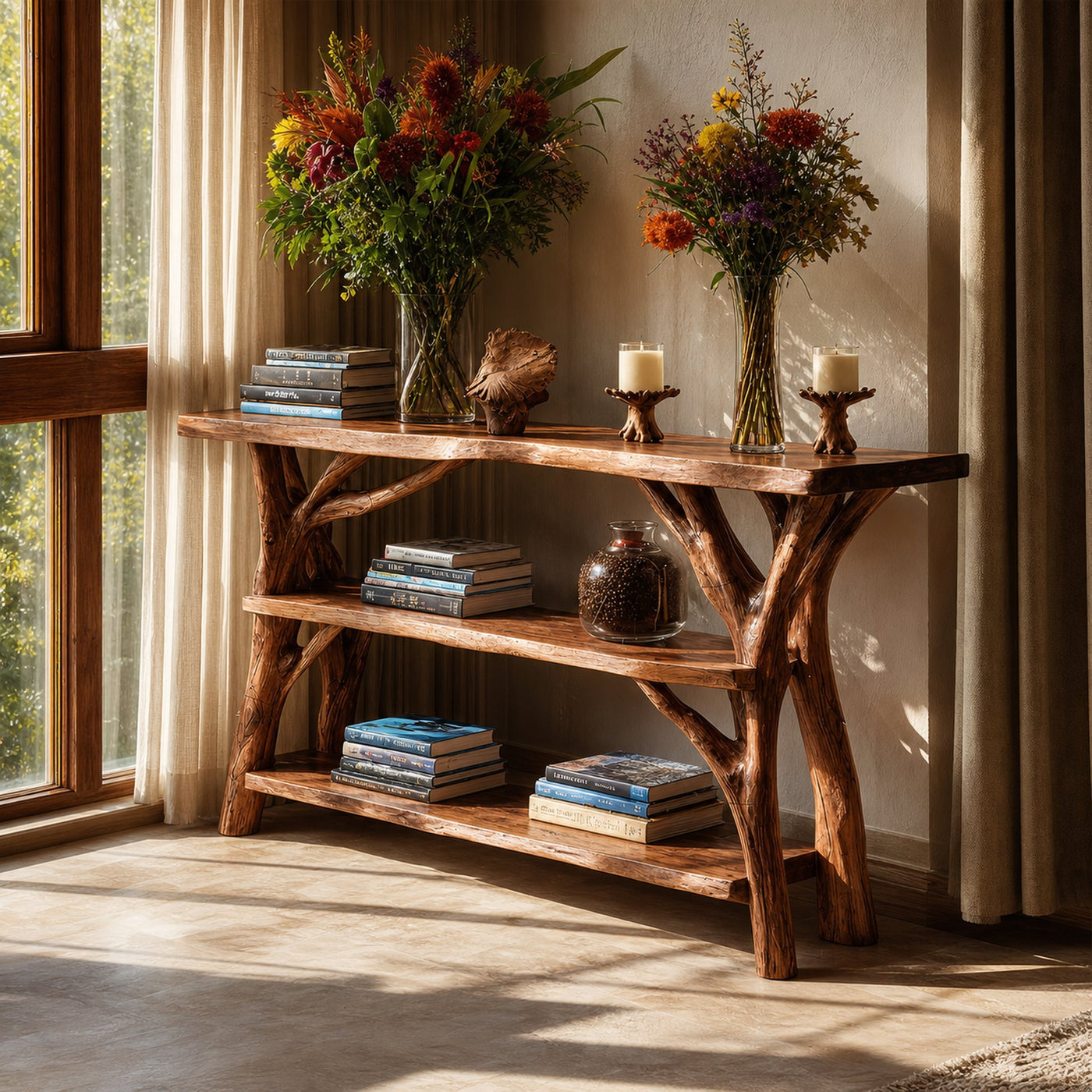 Farmhouse Wooden Live Edge Console Table For Rustic Living Room Decor