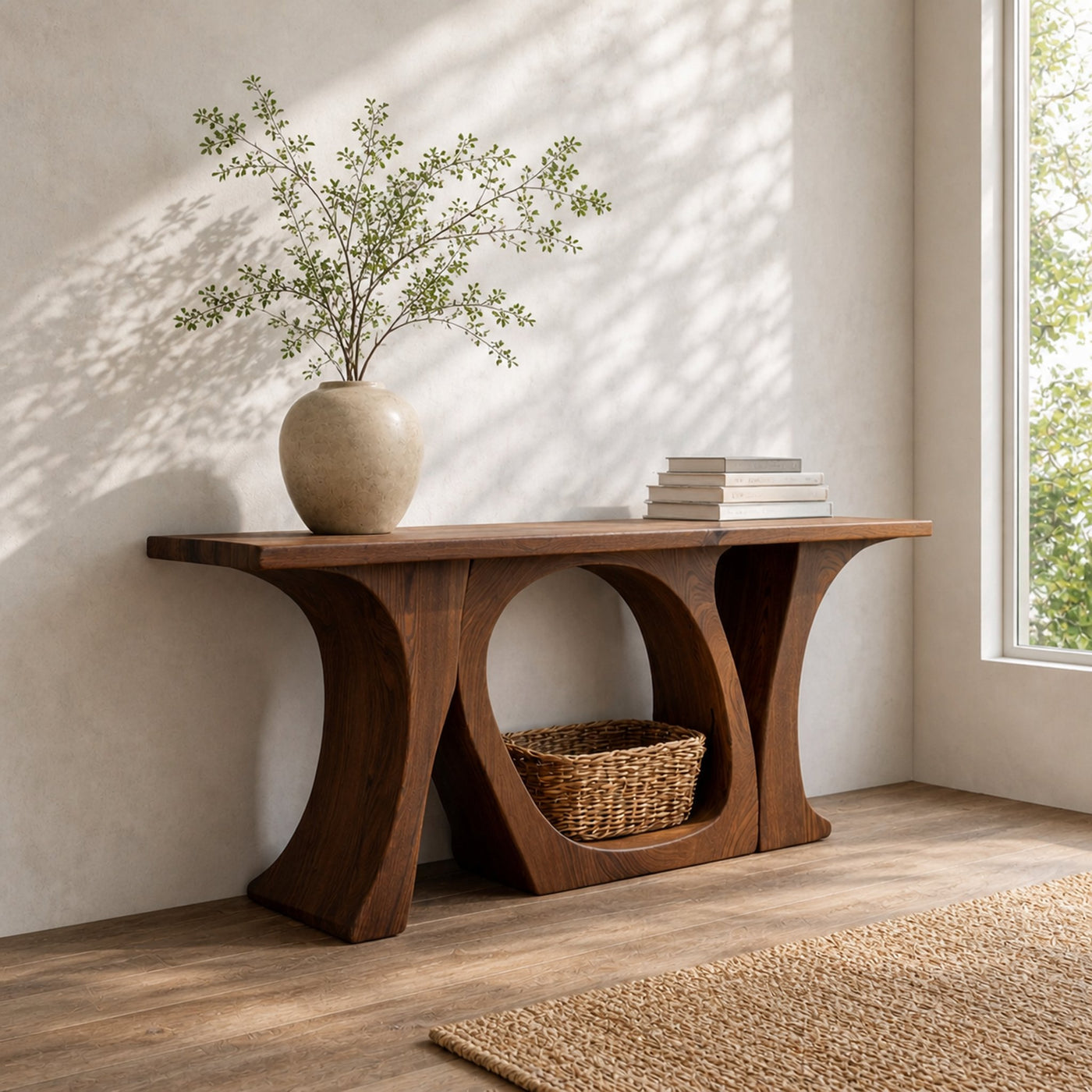 Handcrafted Organic Wood Console Table Sculptural Design For Home Decor