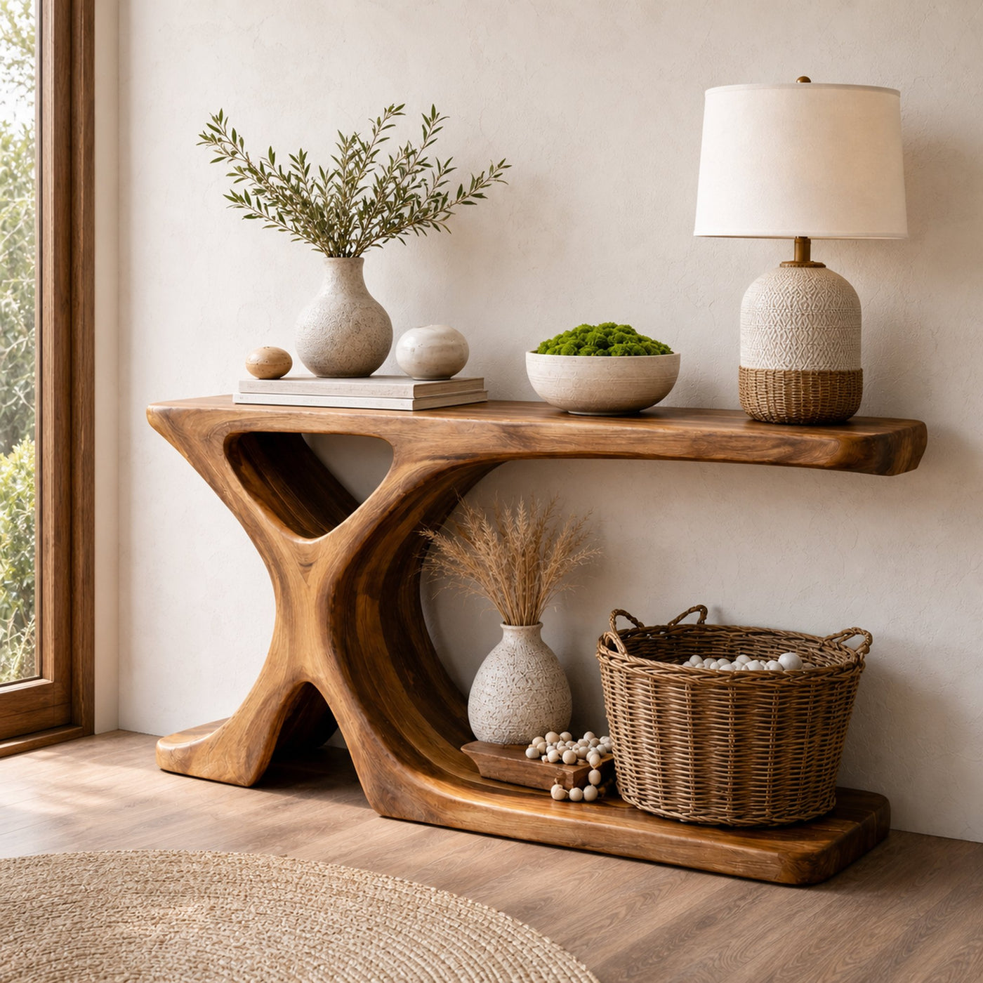 Handcrafted Organic Wood Console Table Tree Form Base For Hallway Decor