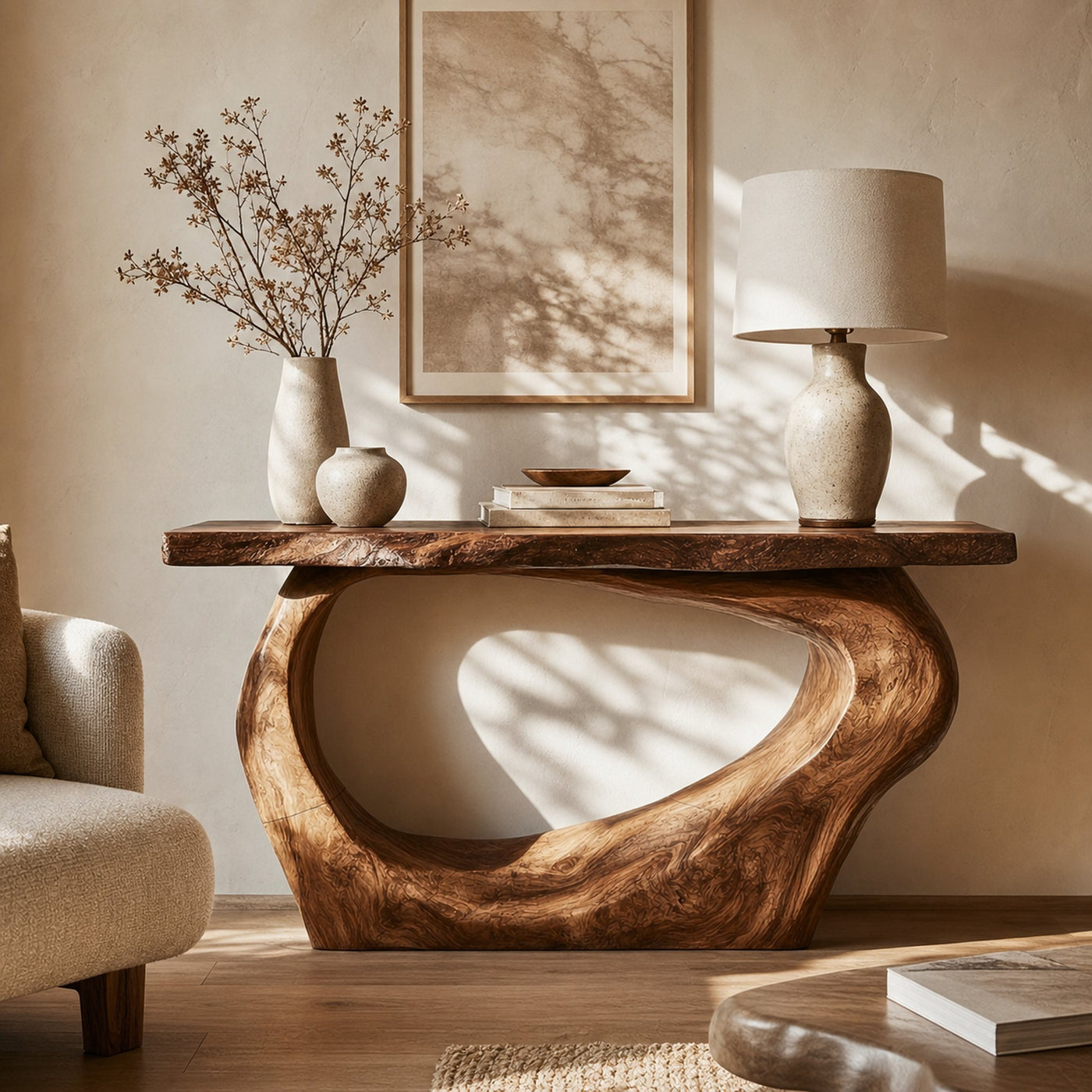 Handcrafted Sculpted Console Table Living Room Interior Feature Accent