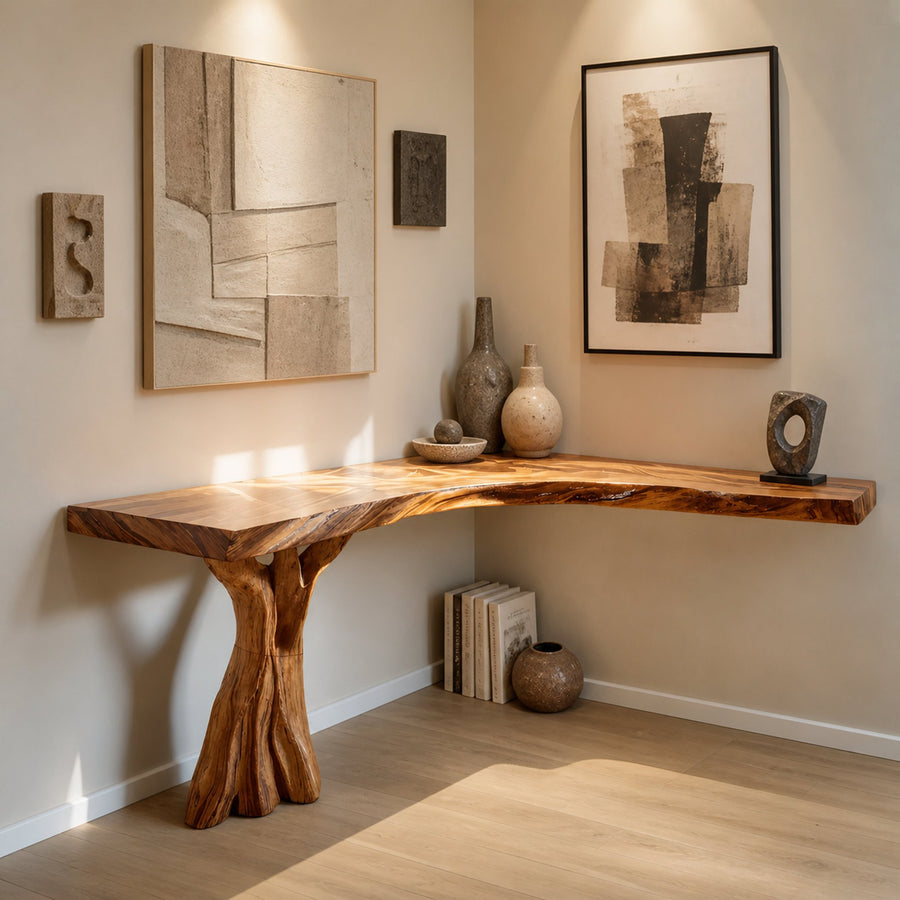 Handcrafted Solid Wood Console Table Sculptural Design For Entryway Decor