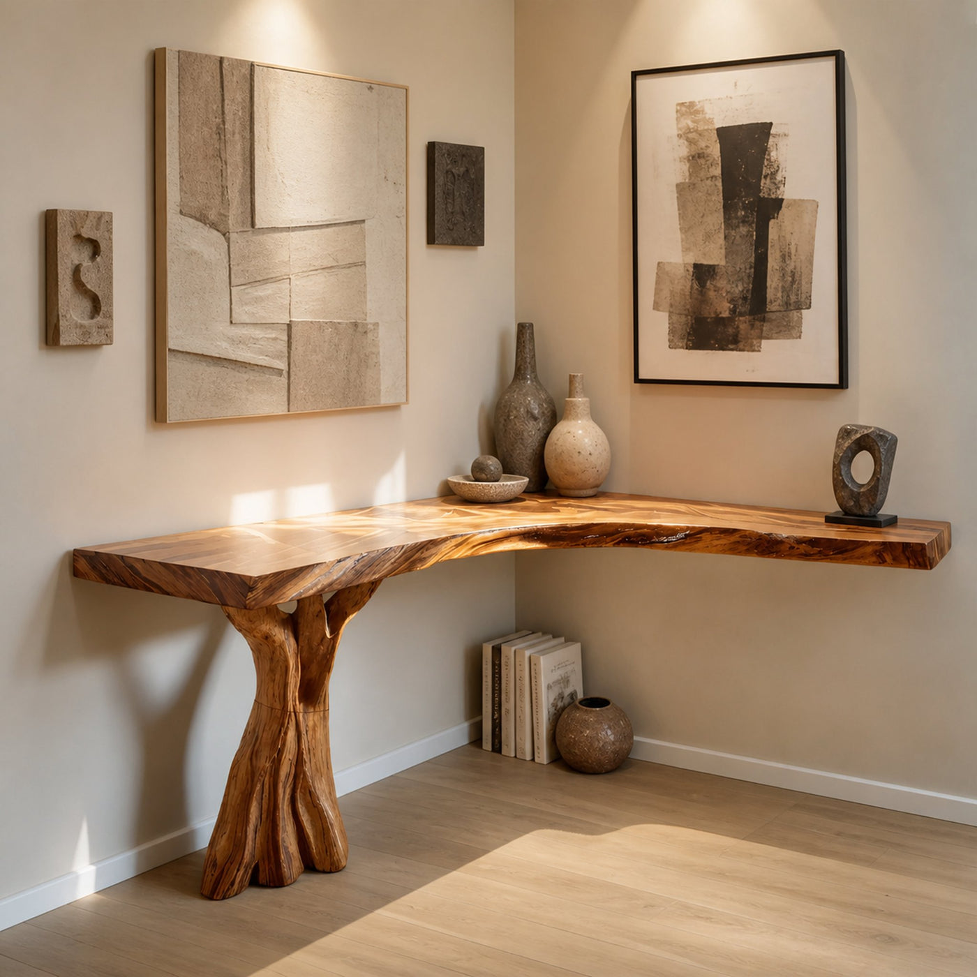 Handcrafted Solid Wood Console Table Sculptural Design For Entryway Decor