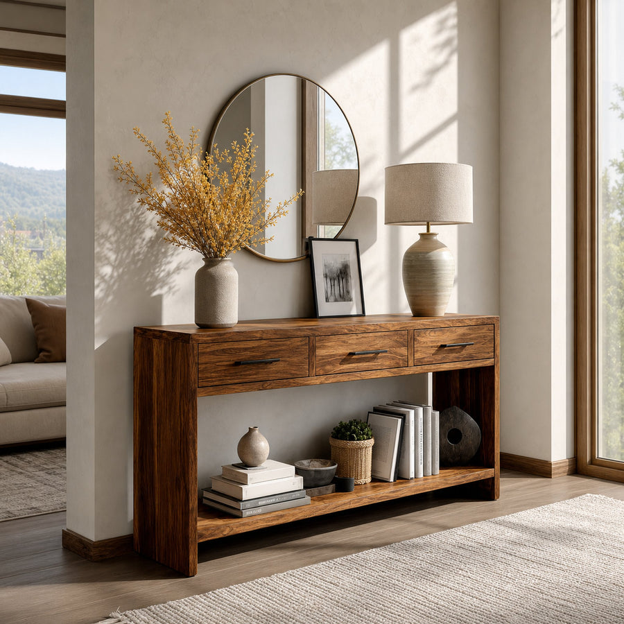 Handcrafted Wooden Console Table With Drawers For Living Room