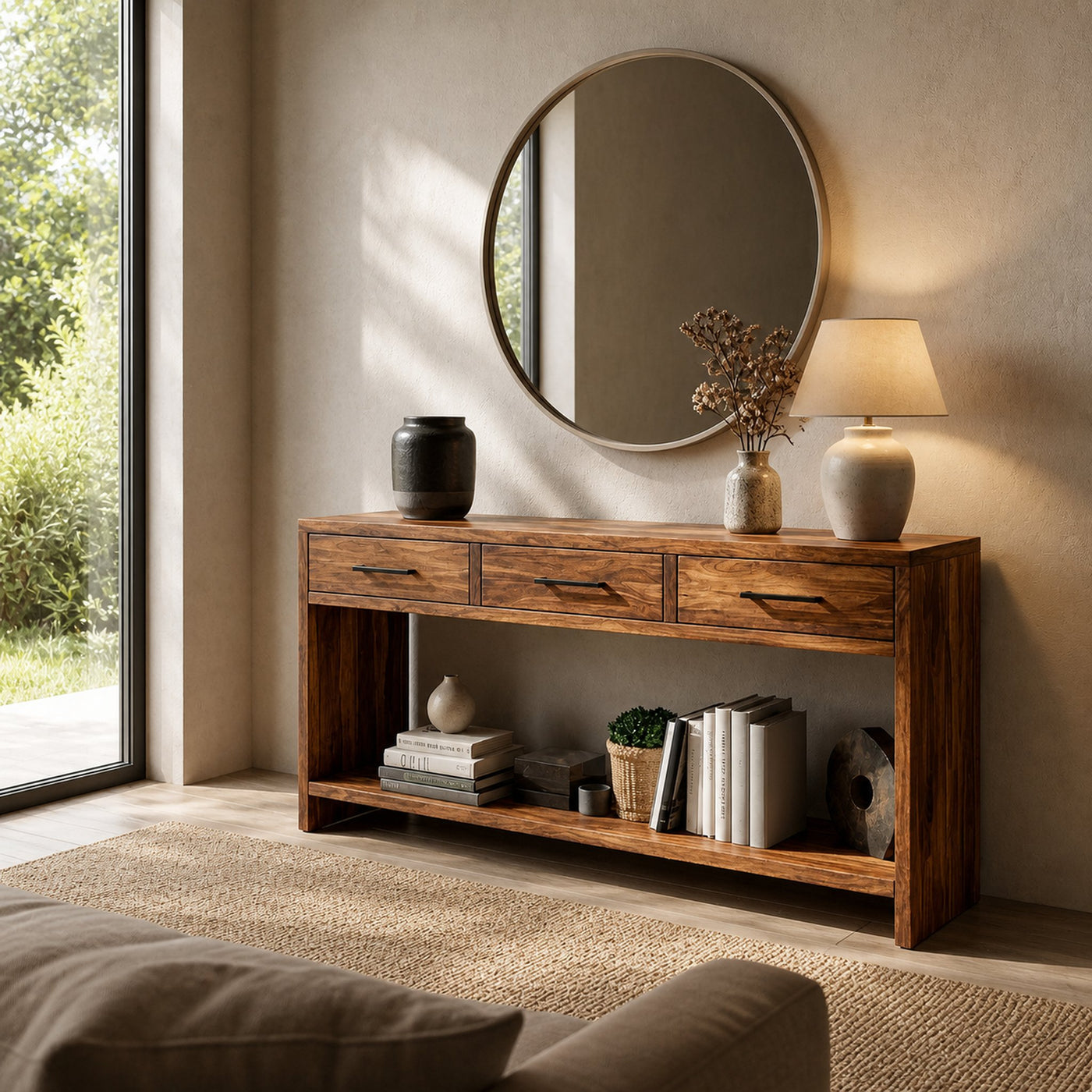 Handcrafted Wooden Console Table With Drawers For Living Room - product view 6