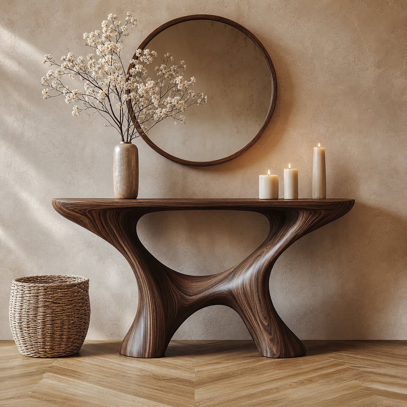 Handmade Rustic Solid Wood Console Table Artistic Organic Design For Living Room