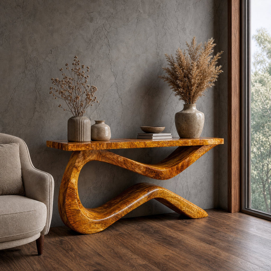 Infinity Loop Console Table Solid Wood Sculptural Flowing Design Entryway And Living Room