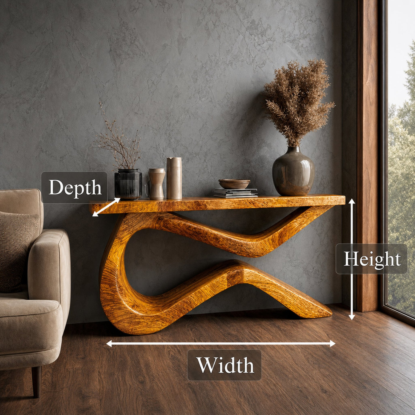 Infinity Loop Console Table Solid Wood Sculptural Flowing Design Entryway And Living Room - product view 7