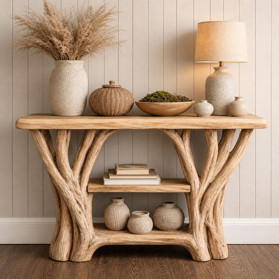 Japandi Style Console Table Sculptural Single Base For Minimal Interior