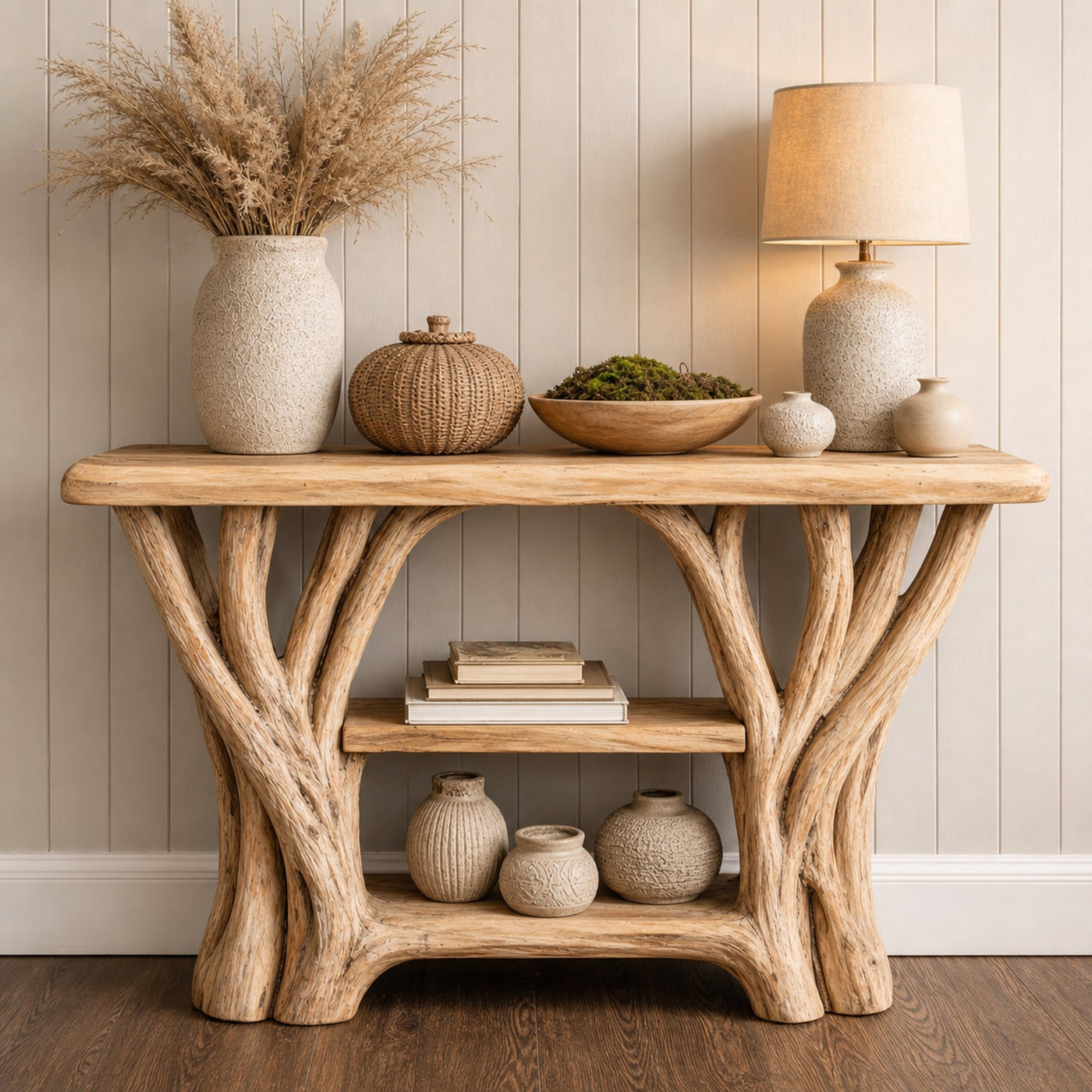 Japandi Style Console Table Sculptural Single Base For Minimal Interior