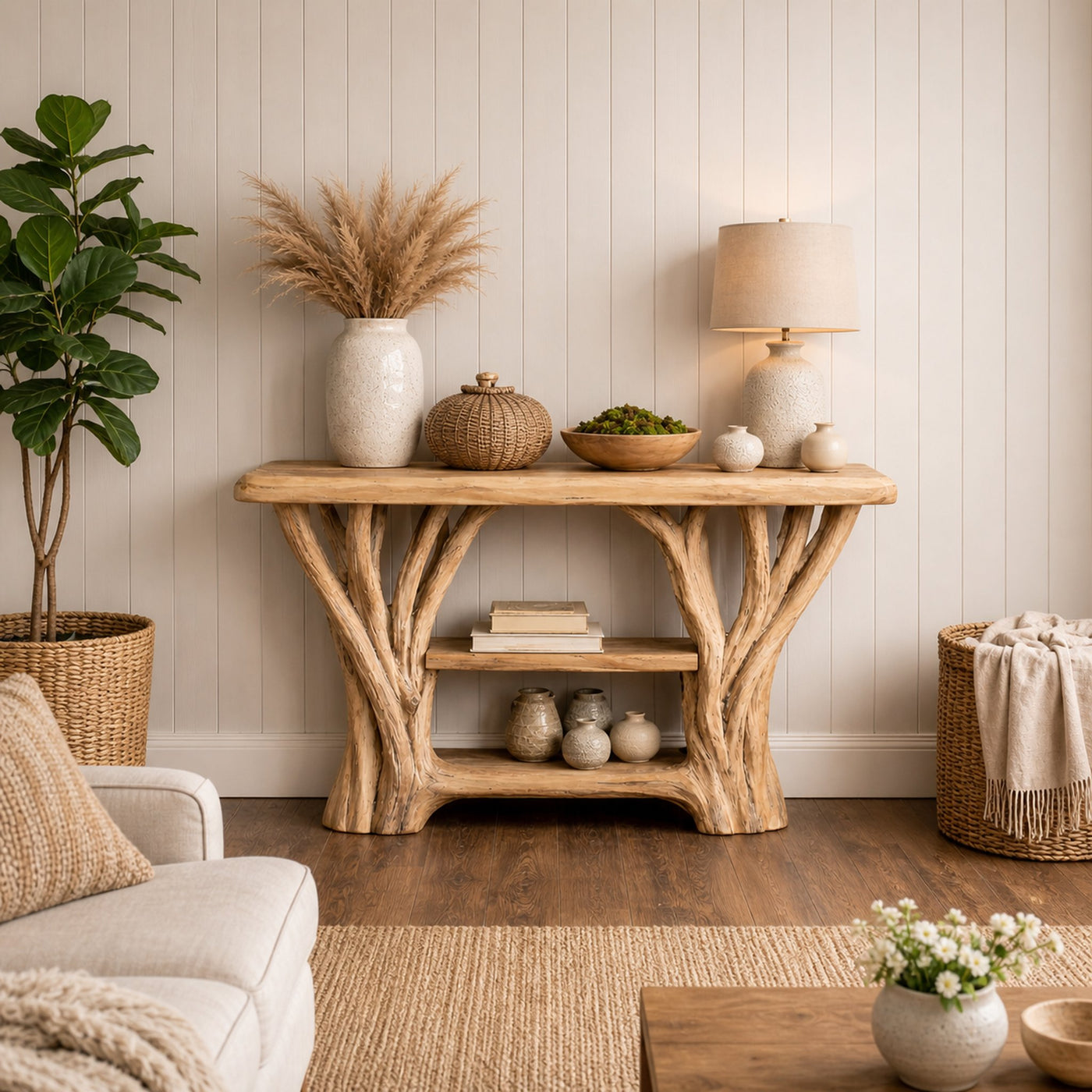 Japandi Style Console Table Sculptural Single Base For Minimal Interior - product view 2