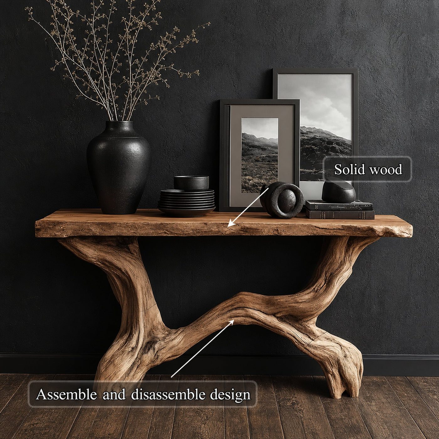 Live Edge Console Table Solid Wood Rustic Driftwood Gift - product view 3
