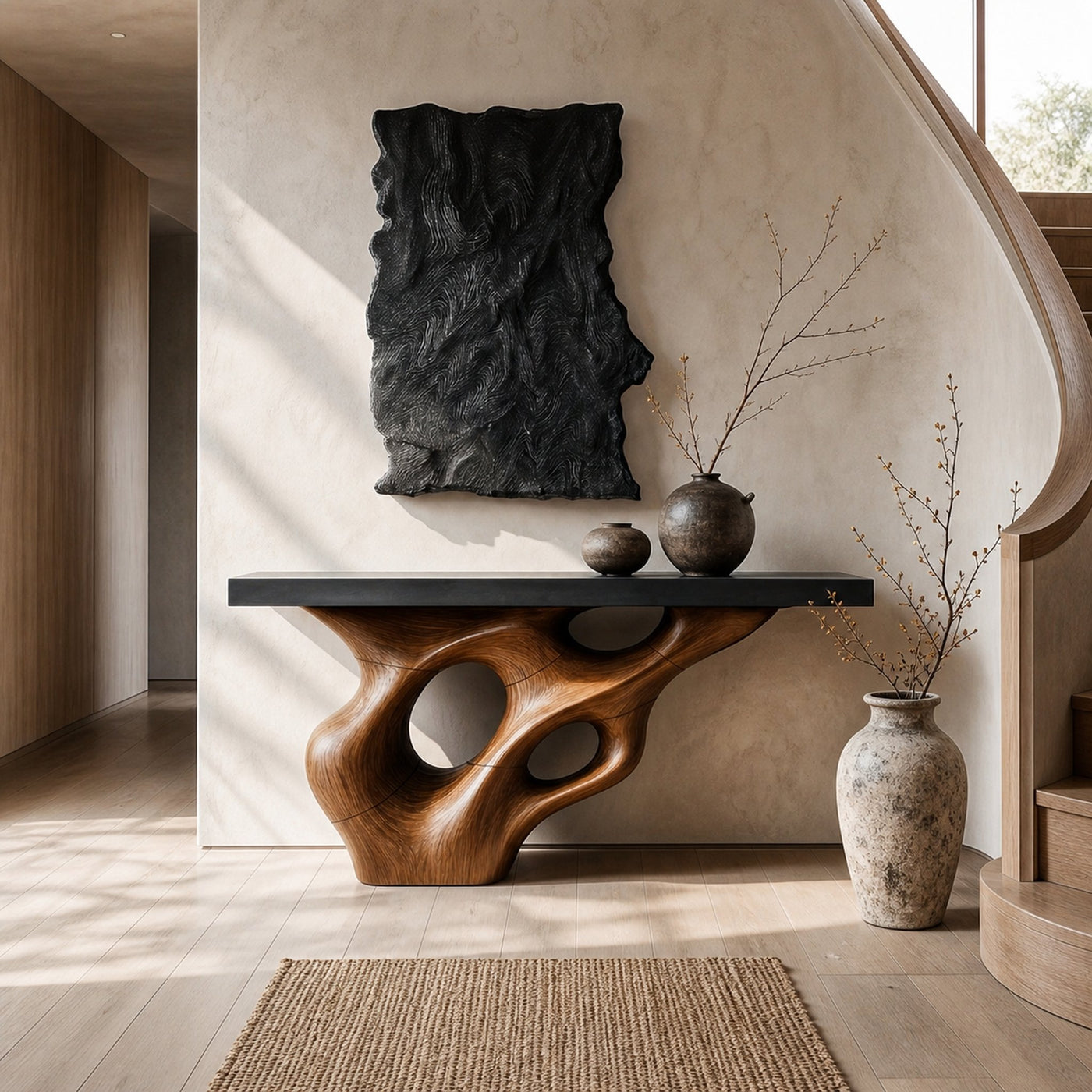 Live Edge Console Table With Sculptural Wood Structure For Entryway