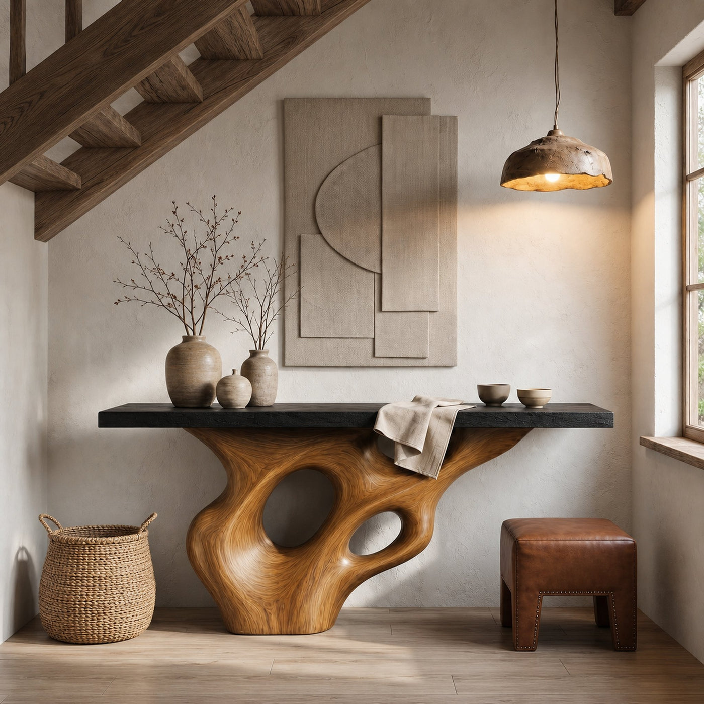 Live Edge Console Table With Sculptural Wood Structure For Entryway - product view 6