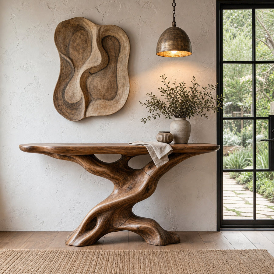 Live Edge Console Table With Unique Sculptural Base Design For Living Room