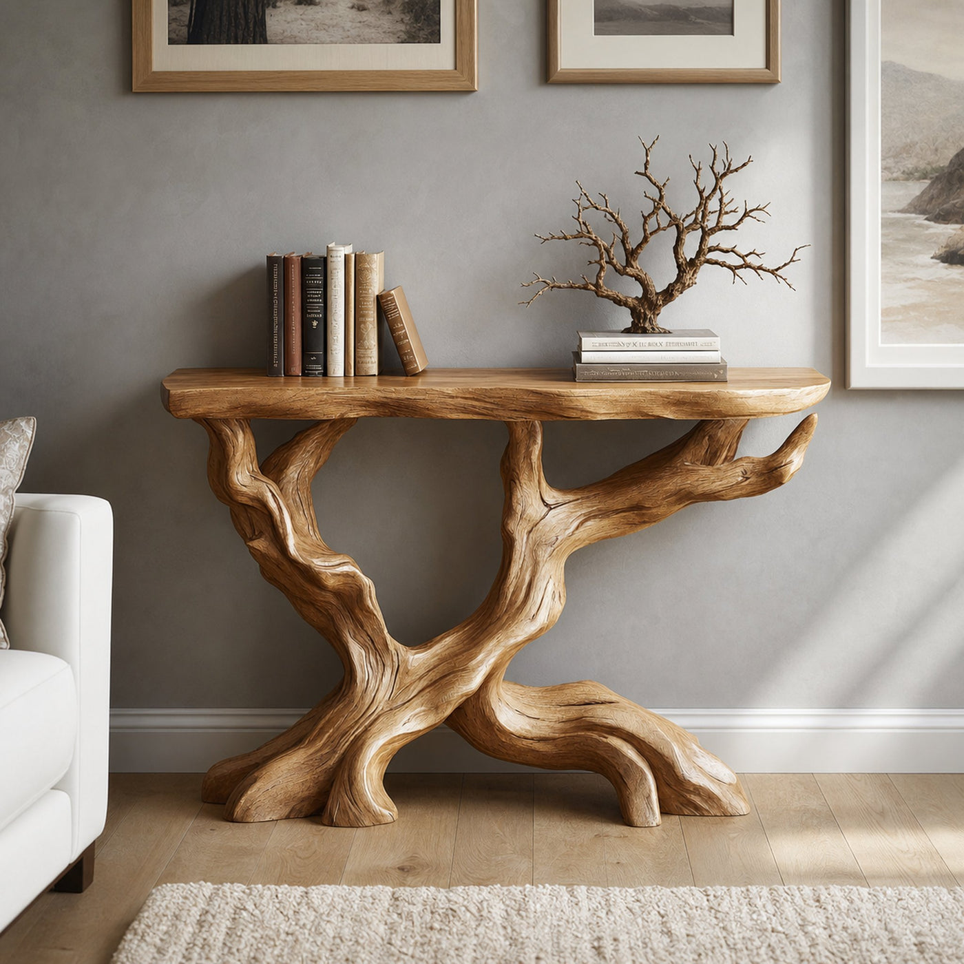 Live Edge Solid Wood Console Table Handmade Organic Tree Design For Living Room Decor