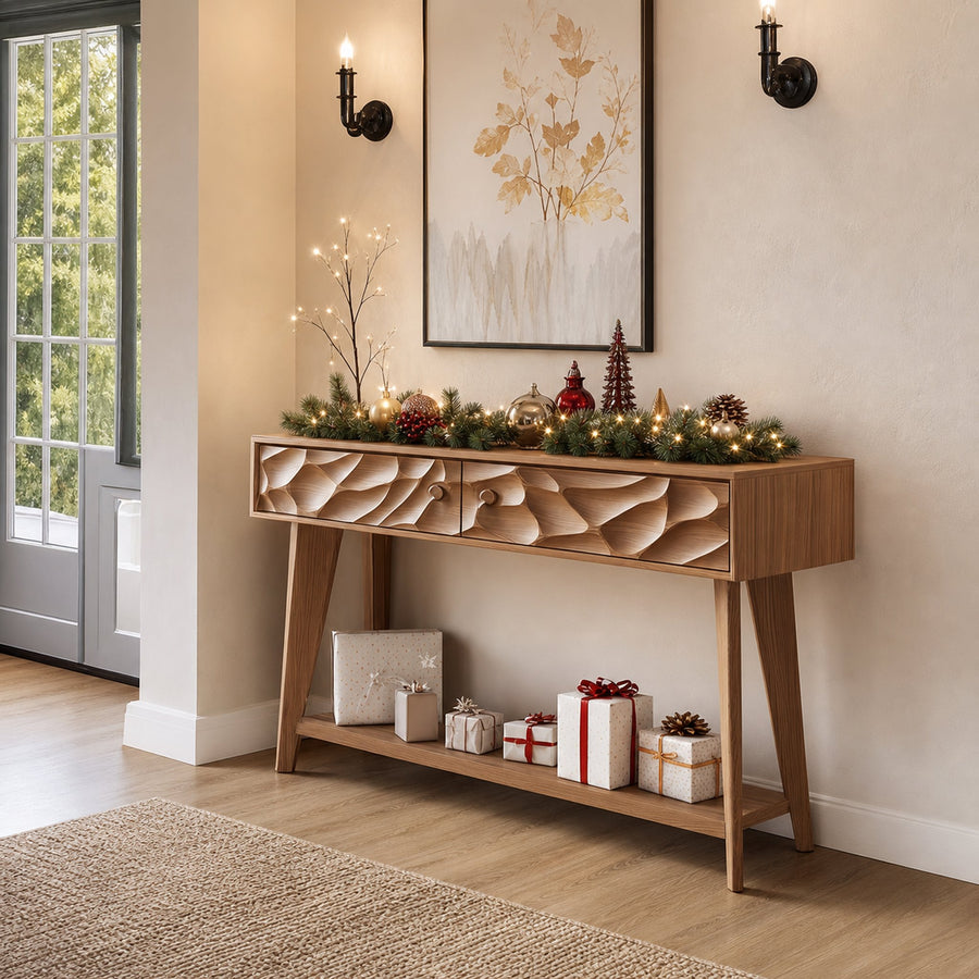 Mid Century Carved  Console Table Holiday Decor Living Room