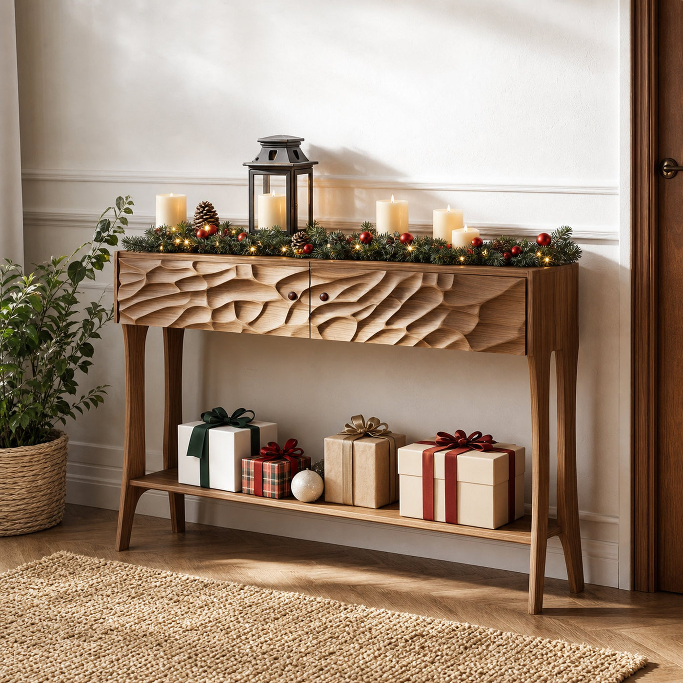 Mid Century Carved Console Table Christmas Entryway Display