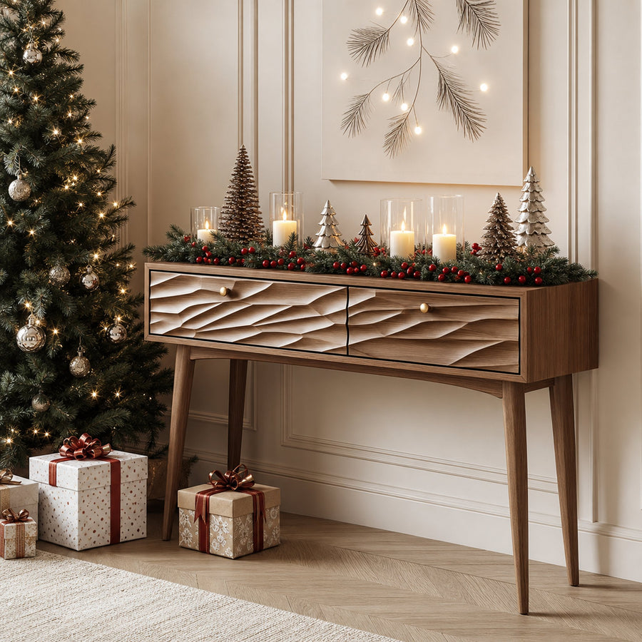 Mid Century Carved Console Table Holiday Season Living Room