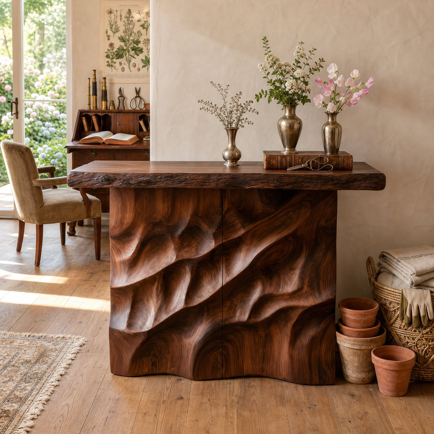 Mid Century Carved Display Table For Grand Entryway Space