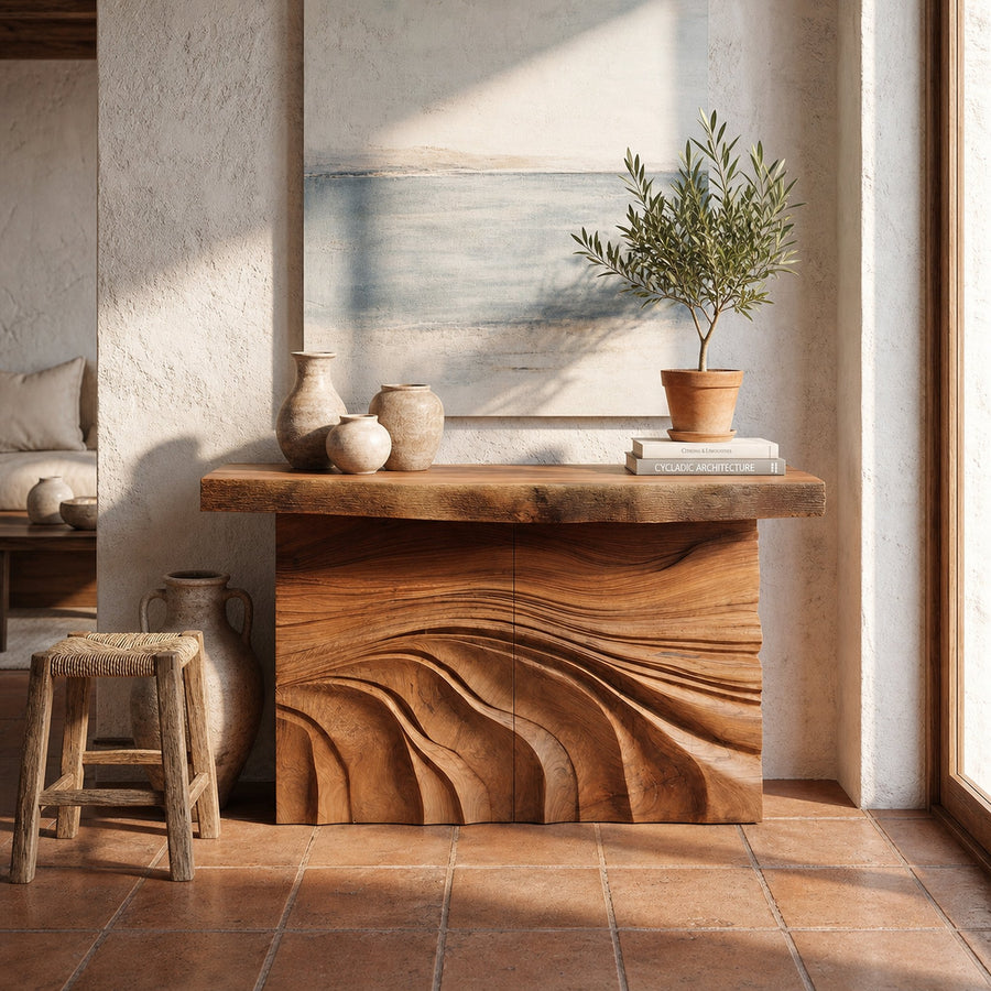 Mid Century Carved Entry Table For Luxury Interior Space