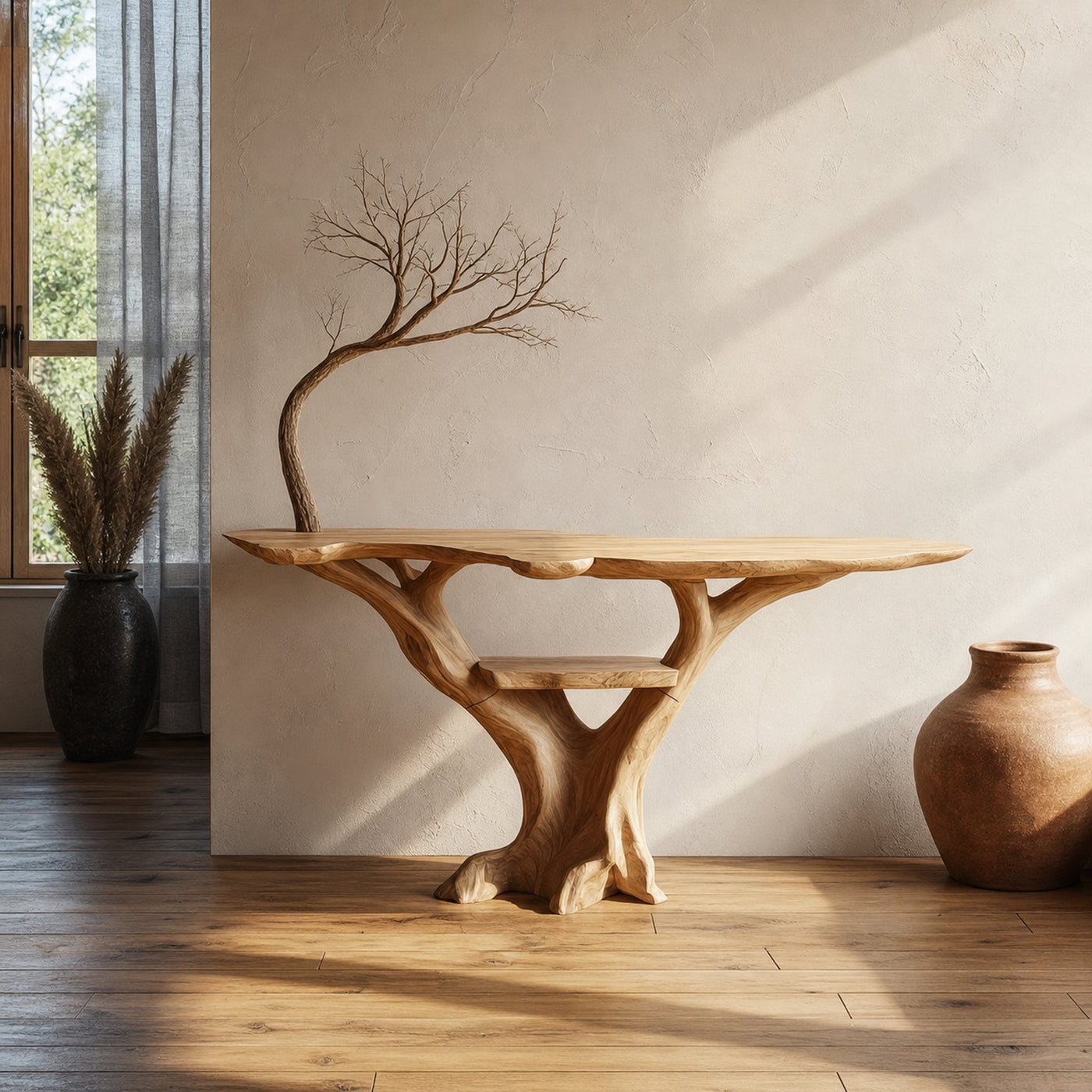 Mid Century Console Table Sculpted Wood Tree Hallway Entrance