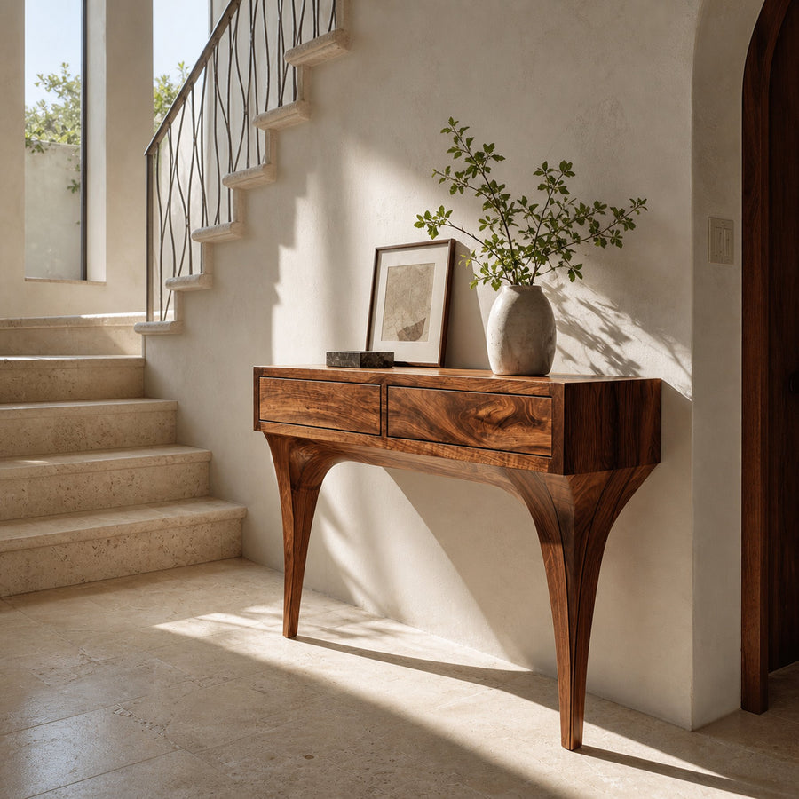 Mid Century Console Table With Sculptural Base For Entryway