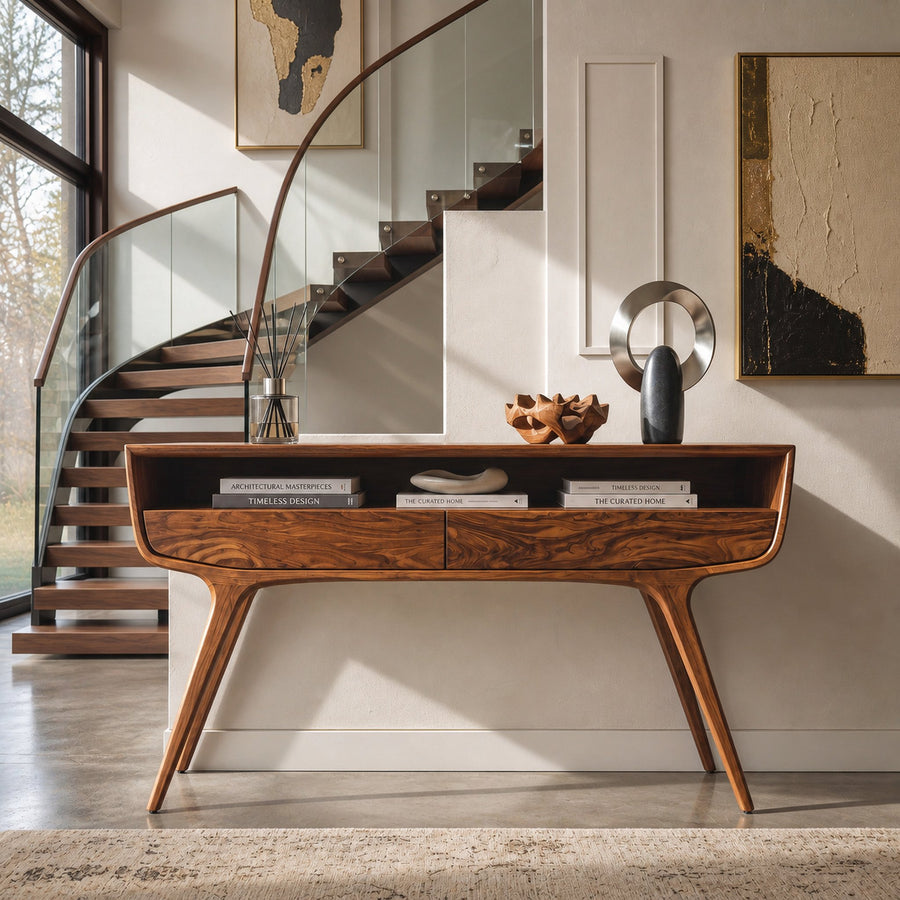 Mid Century Curved Console Table With Drawers For Entryway