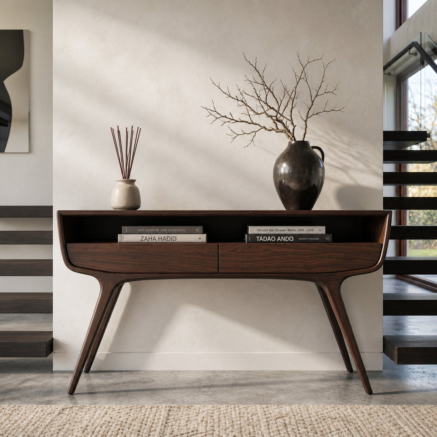 Mid Century Curved Console Table With Drawers For Entryway - product view 7