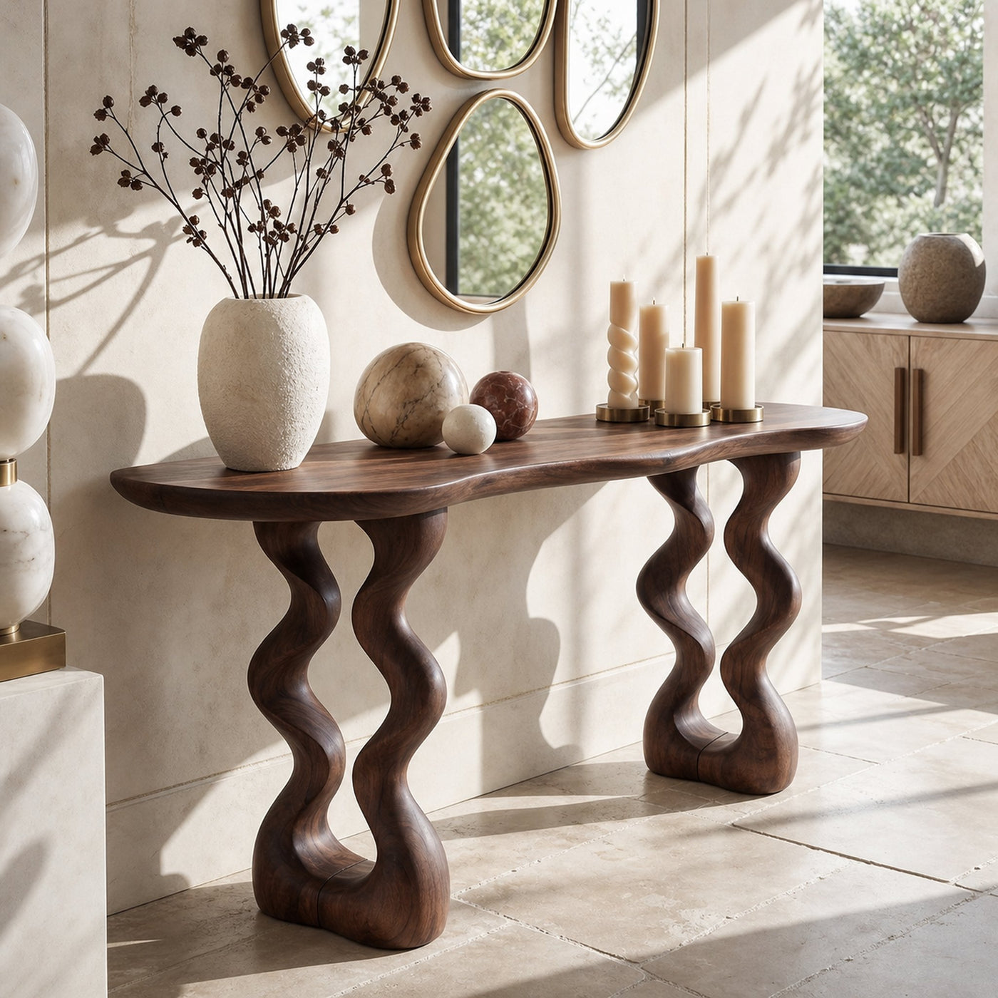 Mid Century Curved Entry Table For Luxury Interior Space