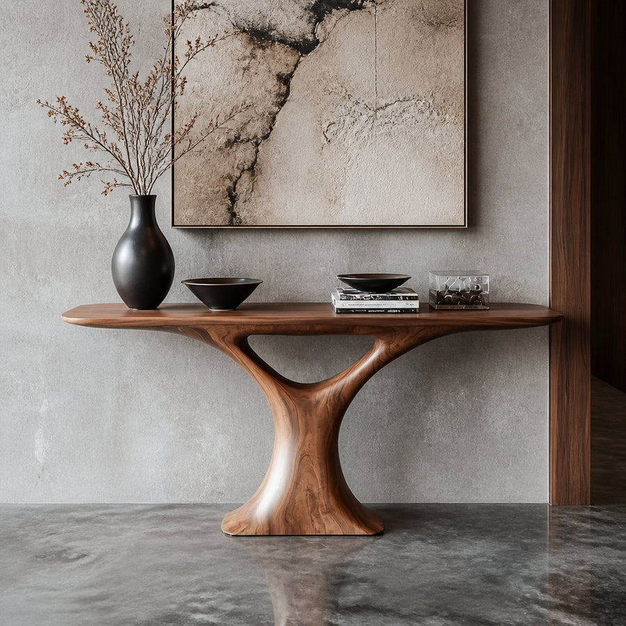 Mid Century Entry Table Smooth Sculptural Form Luxury Welcome Area