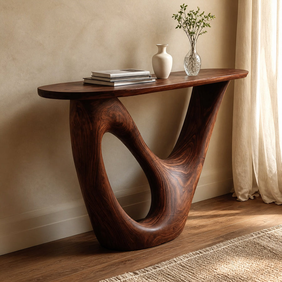 Mid Century Live Edge Console Table Sculptural Solid Wood For Living Room