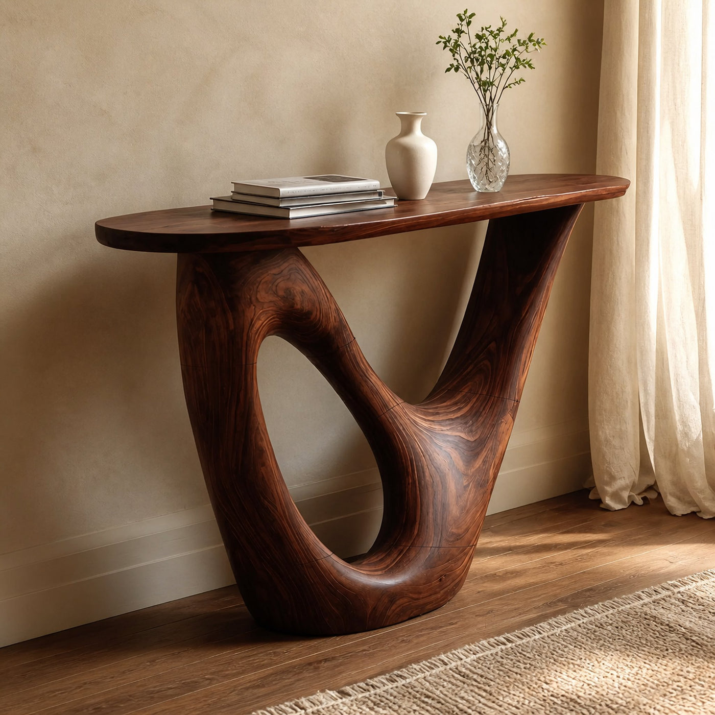 Mid Century Live Edge Console Table Sculptural Solid Wood For Living Room