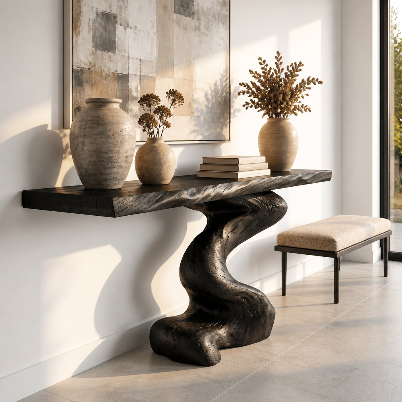 Mid Century Modern Console Table Sculptural Wood Art Living Area Entry - product view 4