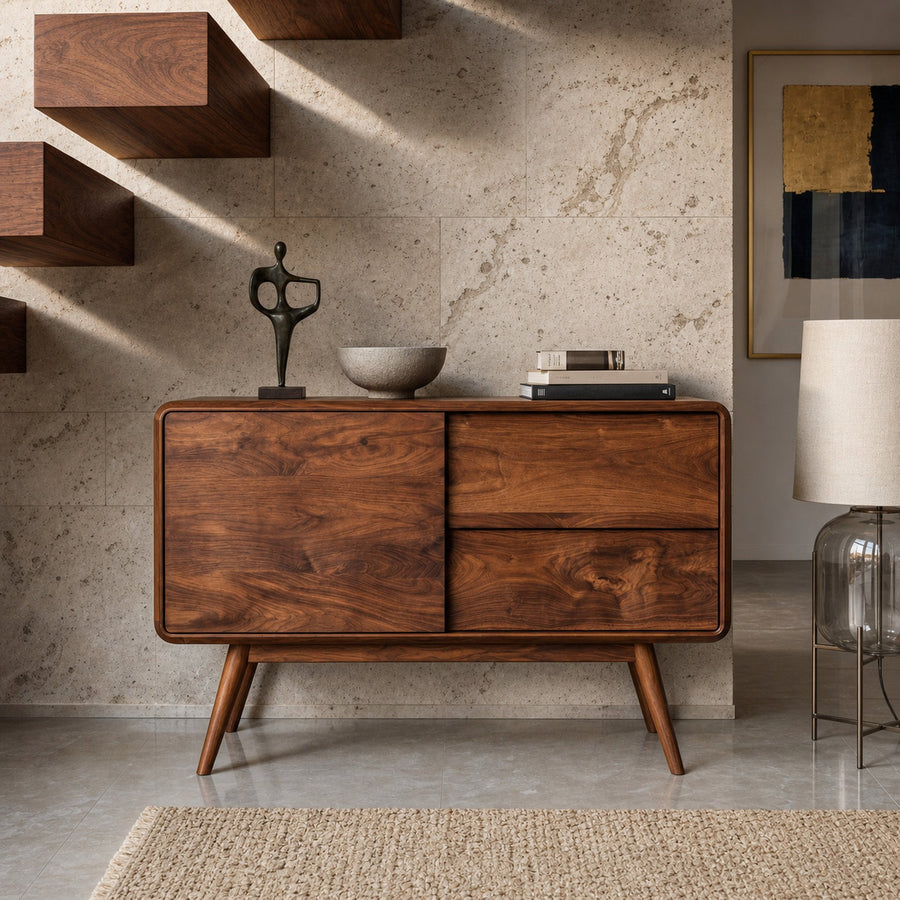Mid Century Rounded Console Table With Compartments For Living