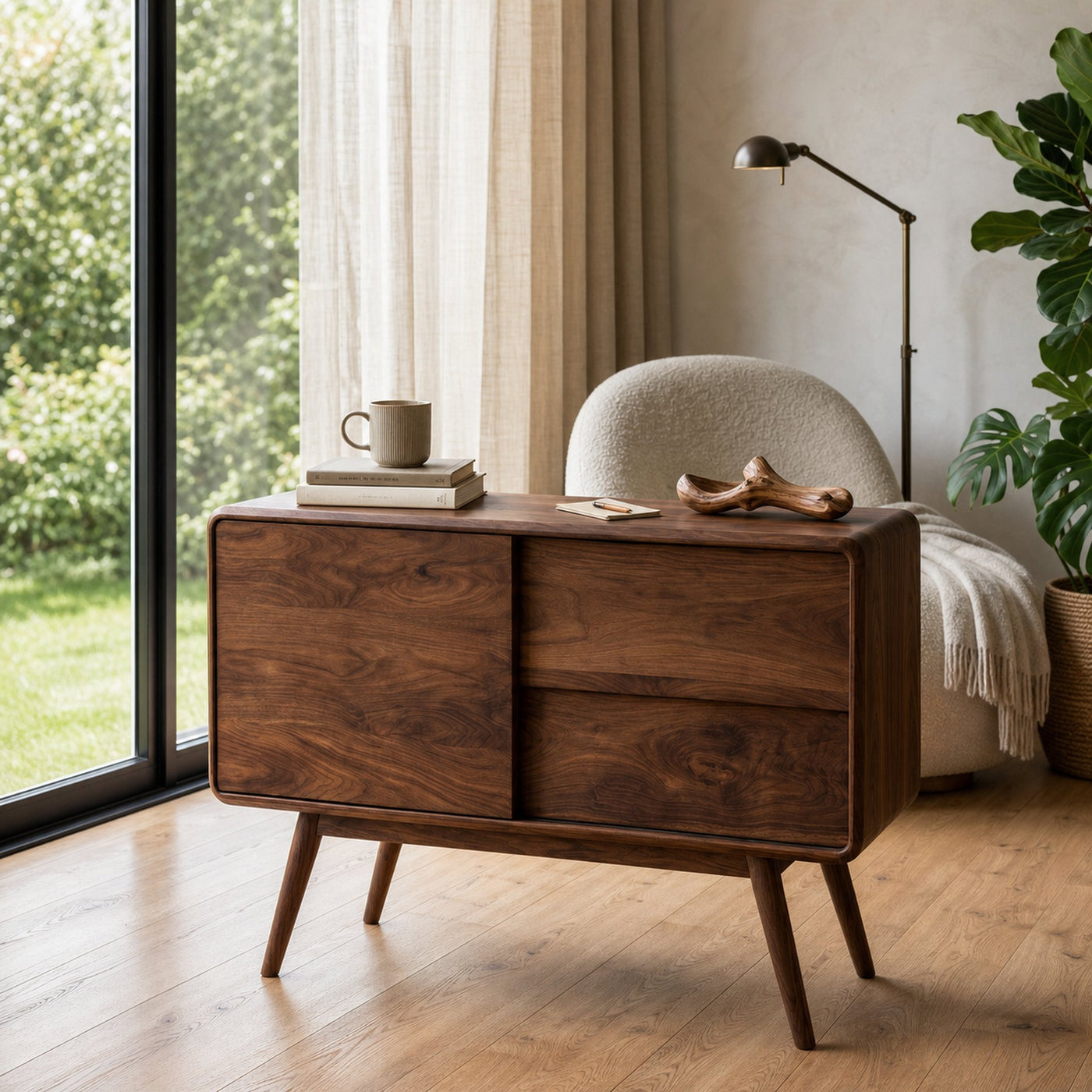 Mid Century Rounded Console Table With Compartments For Living - product view 3
