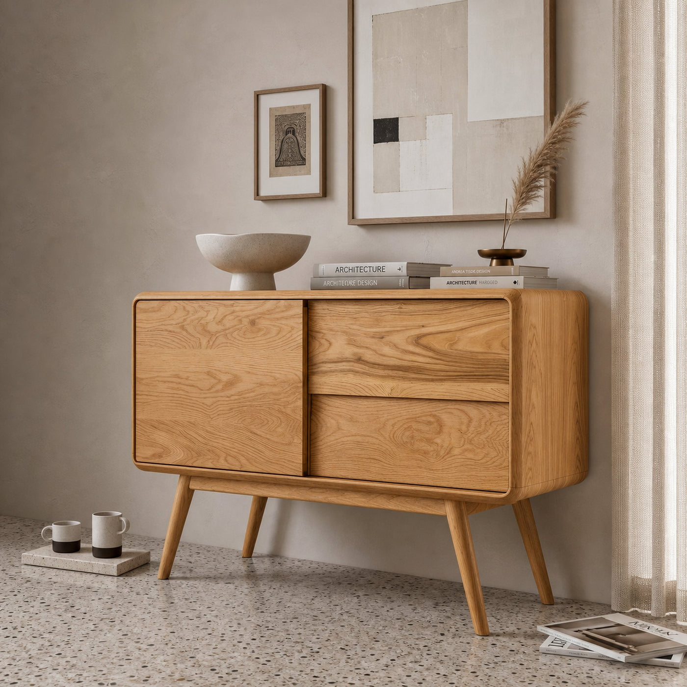 Mid Century Rounded Console Table With Compartments For Living - product view 5