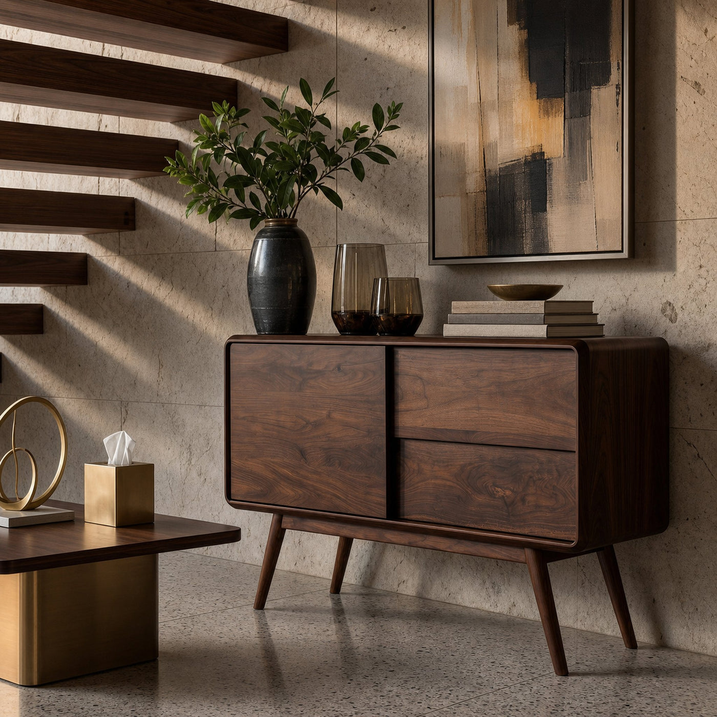 Mid Century Rounded Console Table With Compartments For Living - product view 7