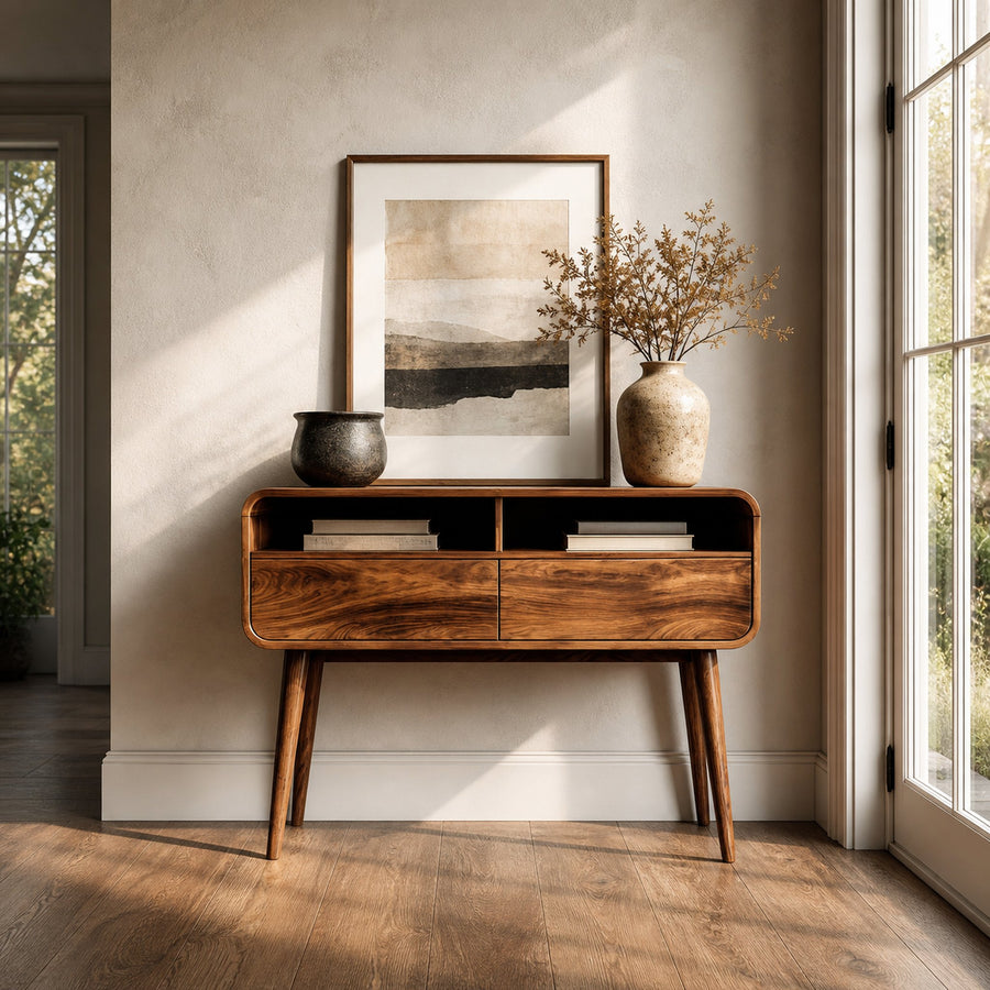 Mid Century Rounded Console Table With Two Compartments For Entryway