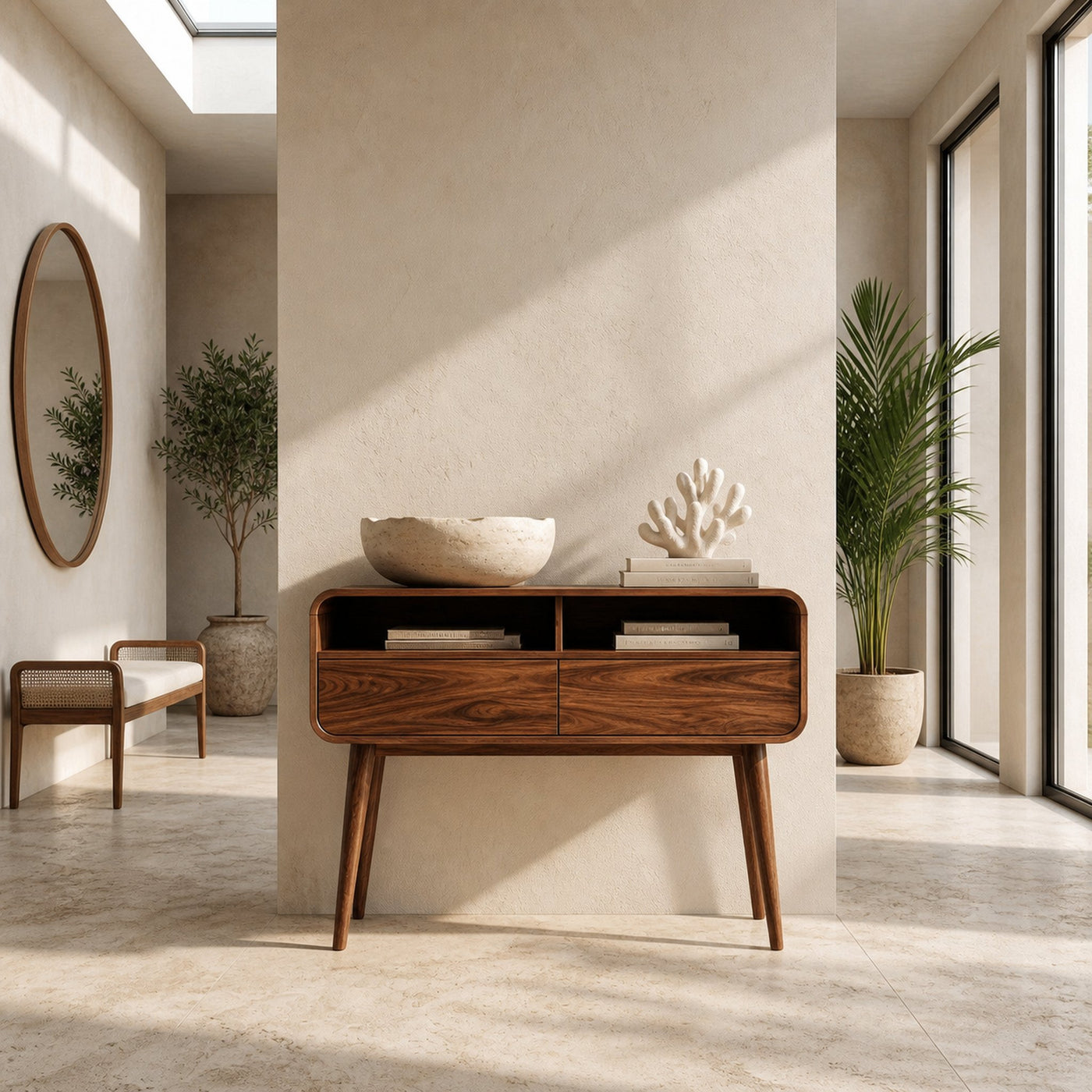 Mid Century Rounded Console Table With Two Compartments For Entryway - product view 2