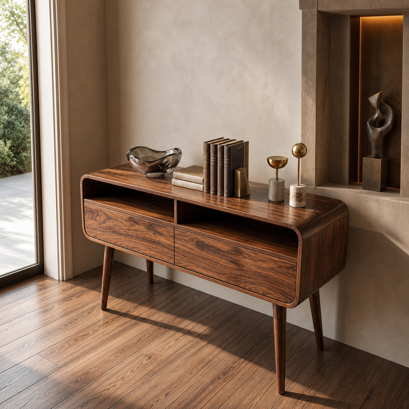 Mid Century Rounded Console Table With Two Compartments For Entryway - product view 3
