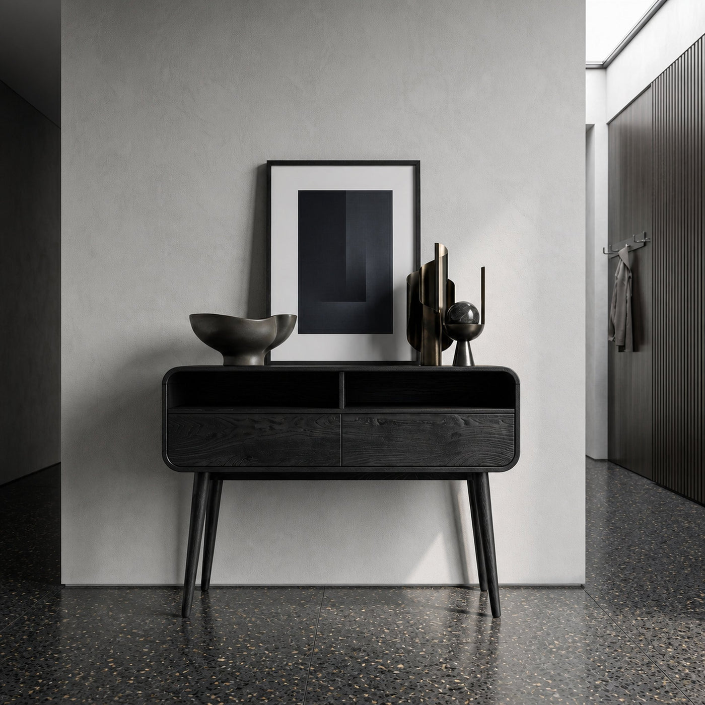 Mid Century Rounded Console Table With Two Compartments For Entryway - product view 4