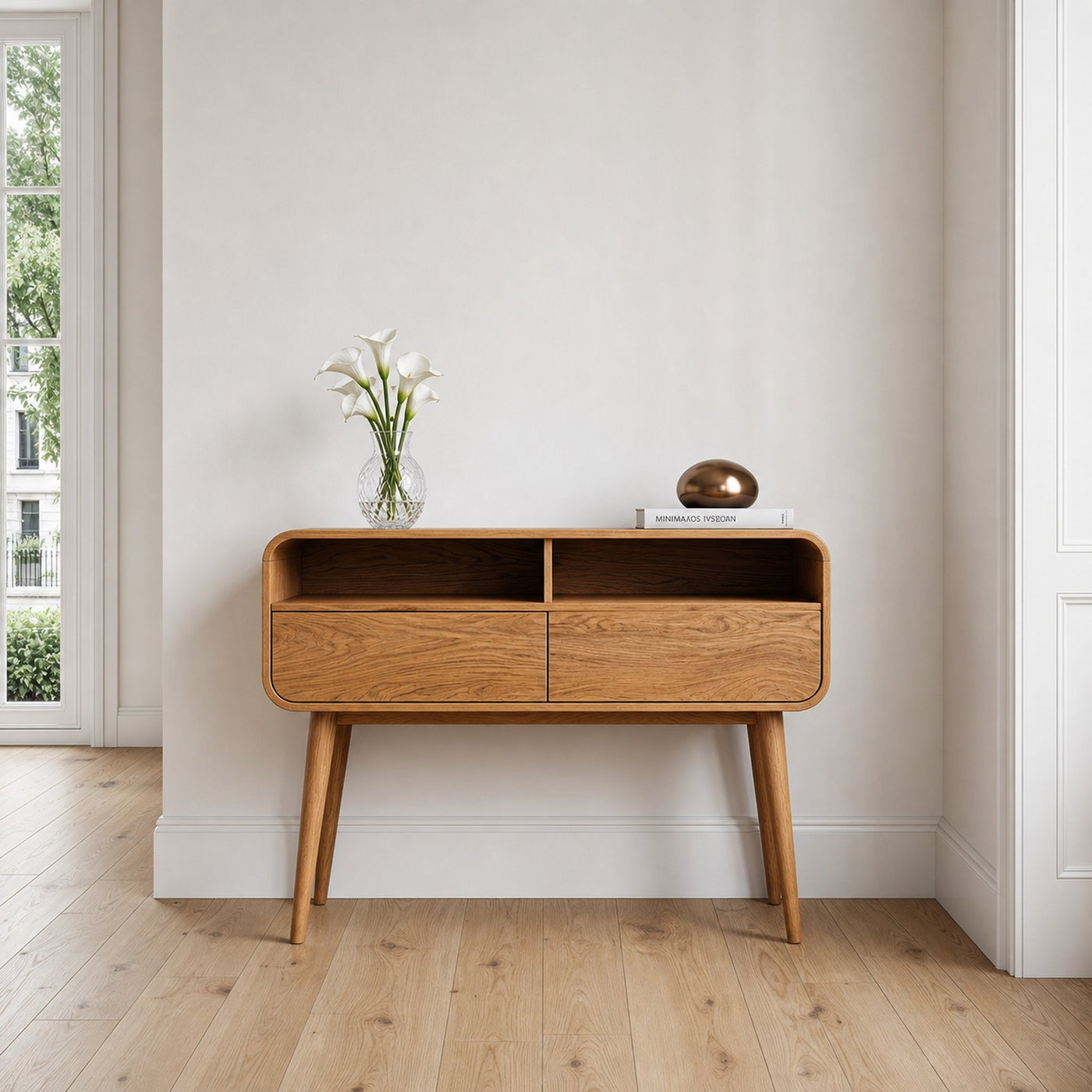 Mid Century Rounded Console Table With Two Compartments For Entryway - product view 5